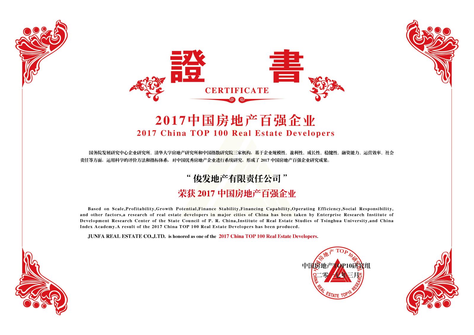 俊发集团八年蝉联中国房地产百强企业综合指数排名55位